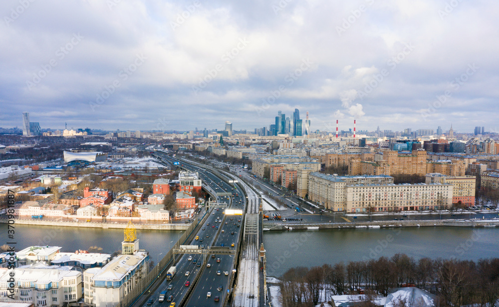 panorama of Khamovniki, a district in the central part of Moscow, a multi-lane highway and a view of the city from a height, Frunzenskaya Embankment and the Third Transport Ring