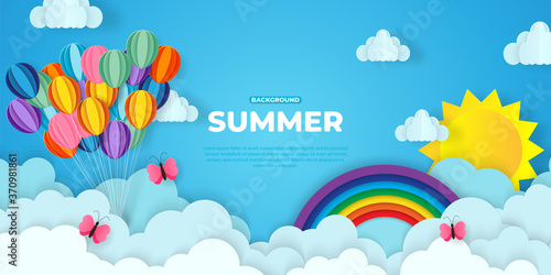 Beautiful fluffy clouds on blue sky background with summer sun, ballon, butterfly pink, hot air balloons and rainbow. Vector illustration. Paper cut style. Place for text