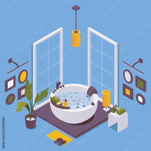 Vector isometric interior scene isolated on blue background with round hot tub bathtub, large windows and personal accessories and lighting.