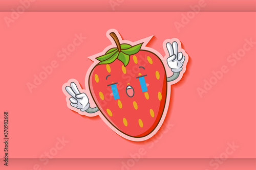 CRYING, SAD, SOB, CRY Face Emotion. Double Peace Hand Gesture. Red Strawberry Fruit Cartoon Drawing Mascot Illustration.