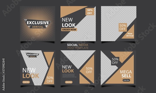 Set of Editable square banner template. Black and brown background color with stripe line shape. Suitable for social media post, Instagram and web internet ads. Vector illustration with photo college