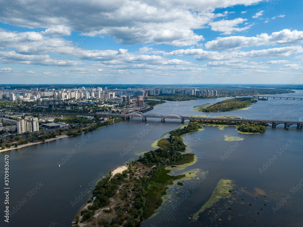 Aerial drone view of the Dnieper River in Kiev.