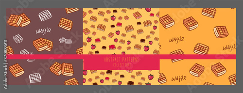 set of cute cartoon seamless pattern with waffle with chocolate and strawberries. friendship concept. childrens vector illustration. Textured background for poster, card, textile, wallpaper template.