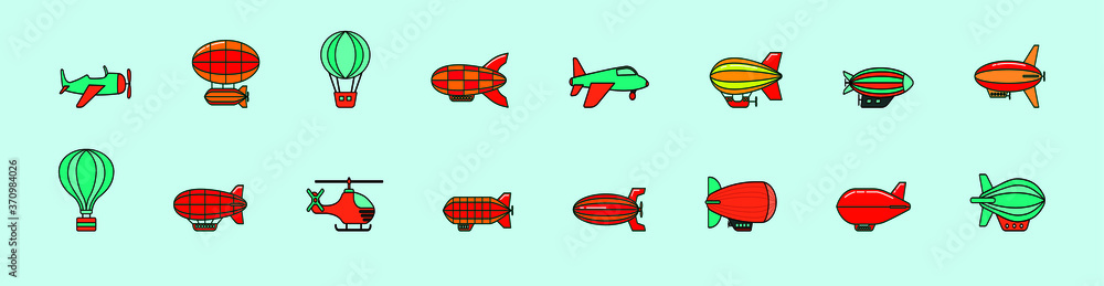 Fototapeta premium a set of cute dirigible. airship. air Balloon. ballooning. vector cartoon illustration. isolated on blue background