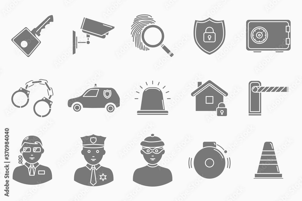 Fototapeta premium Security services Icons set - Vector silhouettes of key, lock, camera, padlock, door, building, signaling for the site or interface