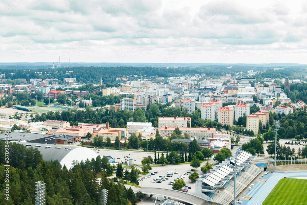 Lahti, Finland - 4 August 2020: View to Lahti city and sports centre from ski jump tower Suurmaki