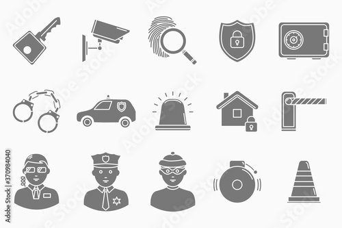 Security services Icons set - Vector silhouettes of key, lock, camera, padlock, door, building, signaling for the site or interface