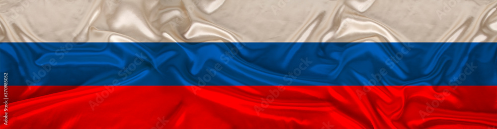 long panorama of the national flag of the state of Russia on delicate silk with folds, the concept of tourism, emigration, economics, politics, global world trade long panorama of the national flag of the state of Russia on delicate silk with folds, the concept of tourism, emigration, economics, politics, global world trade