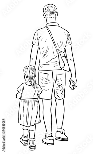 Outline drawing of young father with his little daughter walking together on summer day