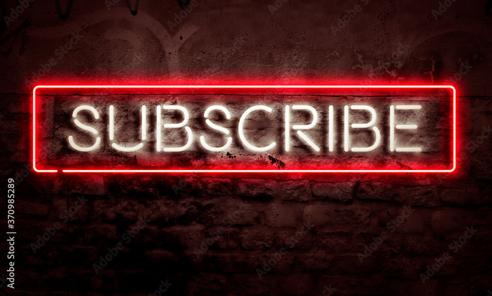 Subscribe Graphic Neon Sign On Brick Wall For Social Media Videos Subscribe Graphic Neon Sign On Brick Wall For Social Media Videos