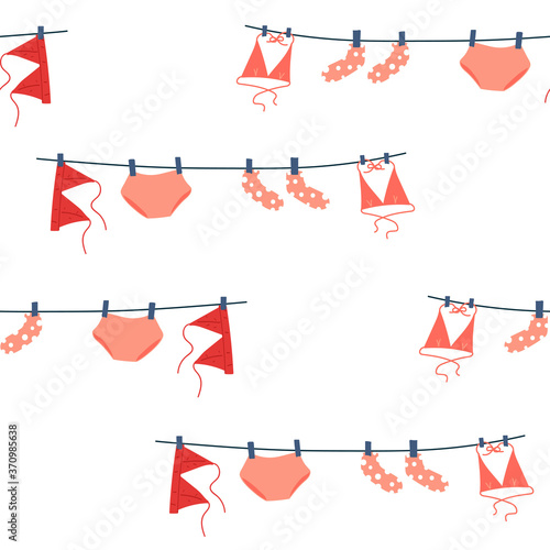 Laundry seamless pattern. Lingerie hanging on a clothesline. Socks, panties and bras, pink swimsuit. Vector stock illustration on white background. 