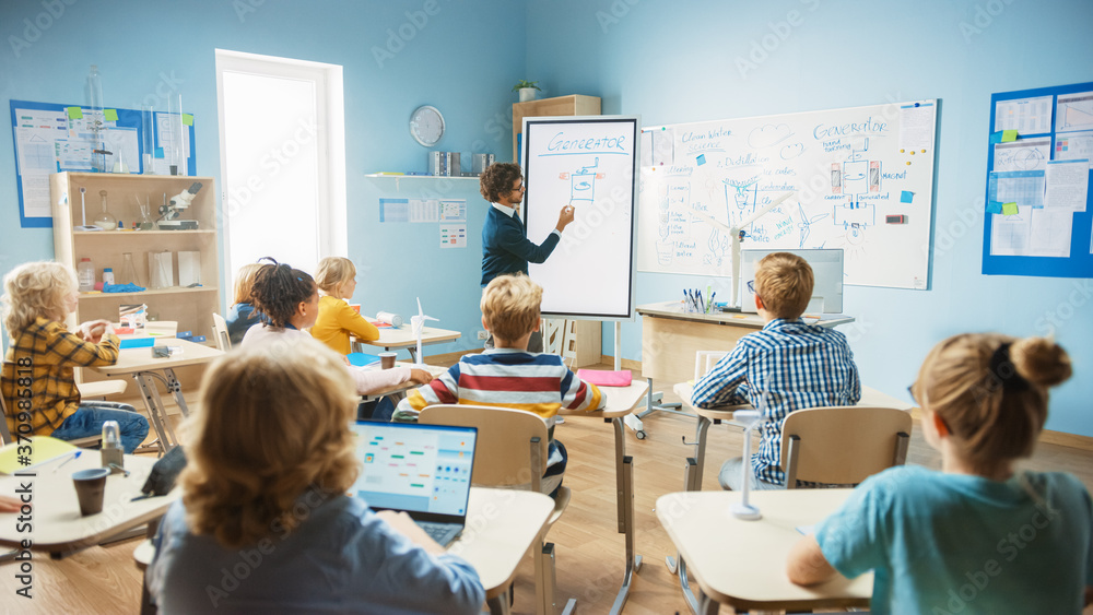 Elementary School Physics Teacher Uses Interactive Digital Whiteboard to  Show to a Classroom full of Smart Diverse Children how Generator Works.  Science Class with Curious Kids Listening Attentively Stock-Foto | Adobe  Stock