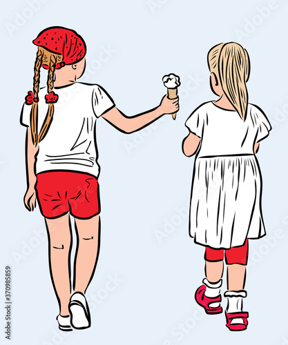 Vector iimage of two little girls strolling together on summer day
