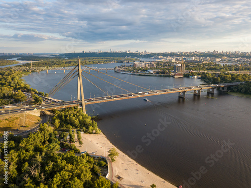 Aerial drone view of the North Bridge over the Dnieper in Kiev.