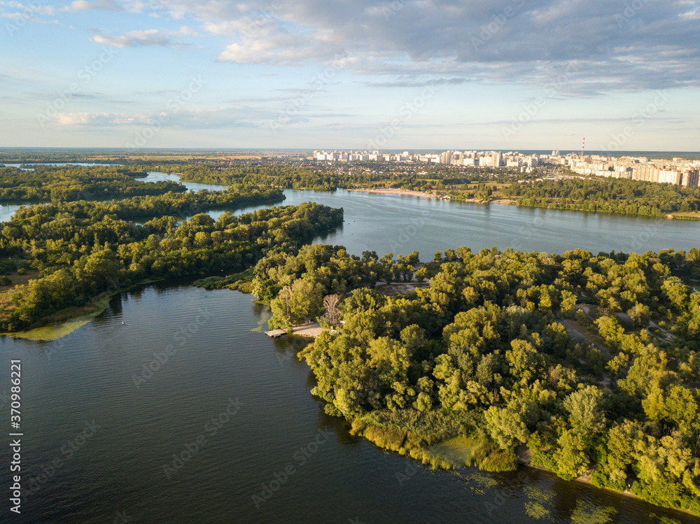 Aerial drone view. River bank.