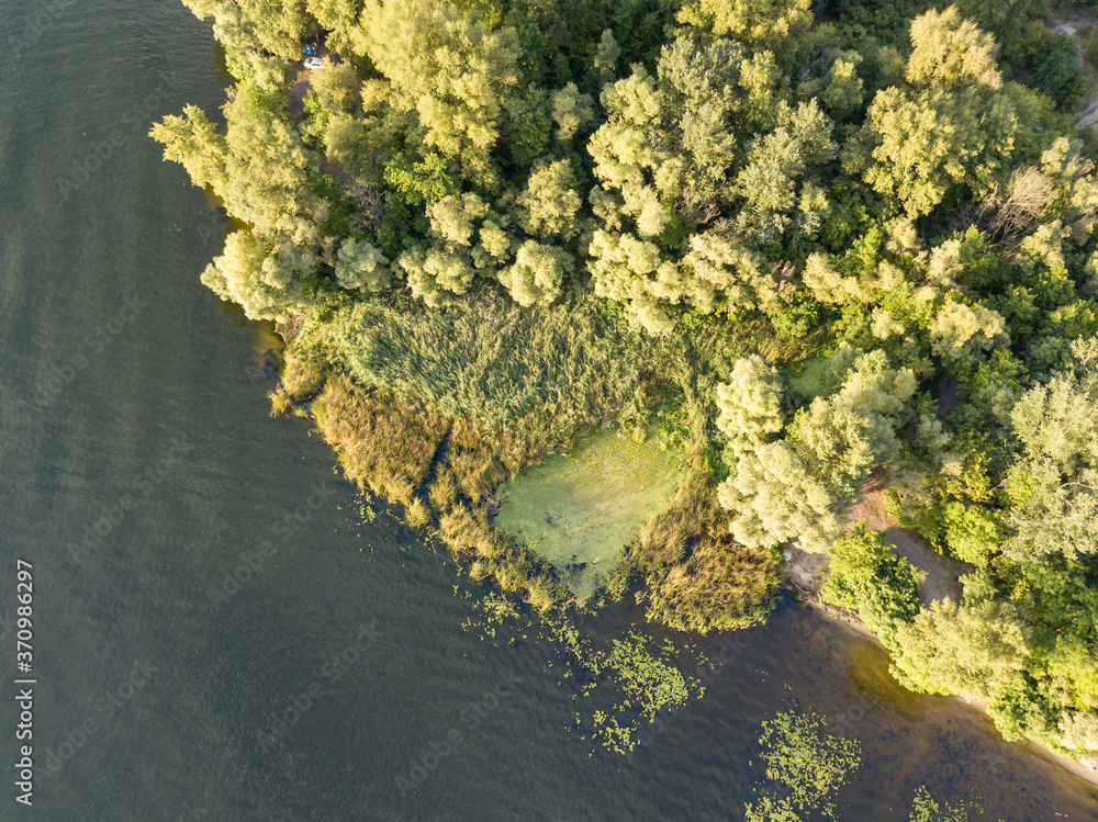 Aerial drone view. River bank. Aerial drone view. River bank.