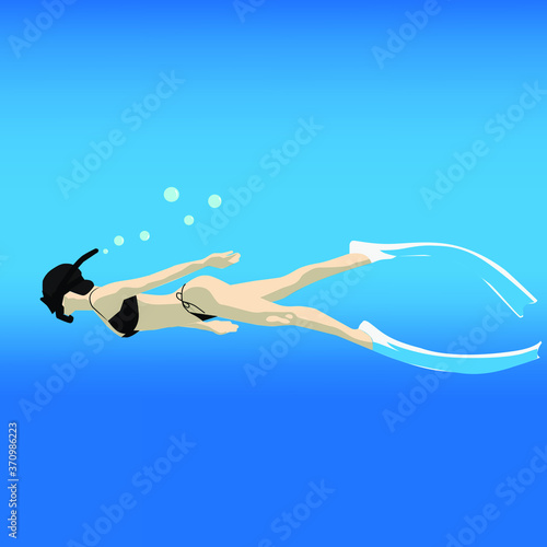 Female diver, free diving under water. Illustration in the sea.
