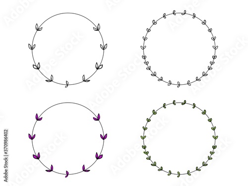 isolated set of minimal floral wreath childish hand drawing green and pink colour simple thin lines  vector design