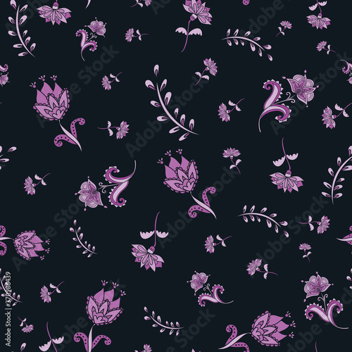 Vintage Jacobean floral with blooms, leaves and ditsy flowers. Great for home decor, wrapping, fashion, scrapbooking, wallpaper, gift, kids, apparel.
