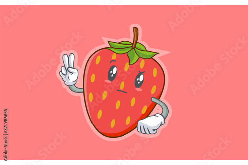 REALLY, ATTENTIVE, Curios Face Emotion. Peace Hand Gesture. Red Strawberry Fruit Cartoon Drawing Mascot Illustration.