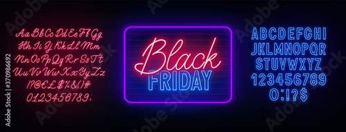 Black Friday neon sign on dark background. Neon duo red and blue font. Bold and script alphabet. Template for design.