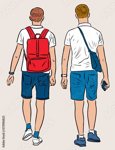 Vector image of young townsmen walking outdoors on summer day