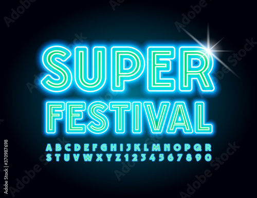Vector event flyer Super Festival. Creative Maze Font. Neon bright Alphabet Letters and Numbers