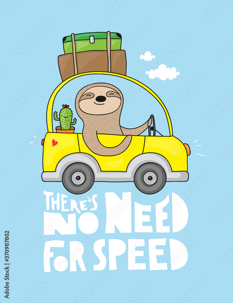 Cartoon sloth going on holidays with his cactus. He is driving really slow. Cartoon sloth going on holidays with his cactus. He is driving really slow.