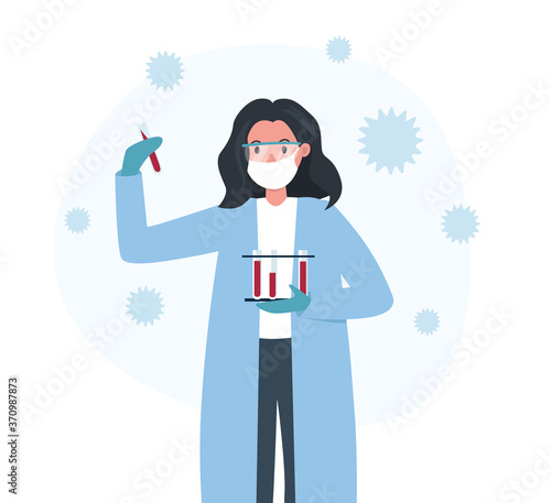 Woman scientist working on creating vaccine. Coronavirus pandemic concept. Laboratory trial. Flat vector illustration.