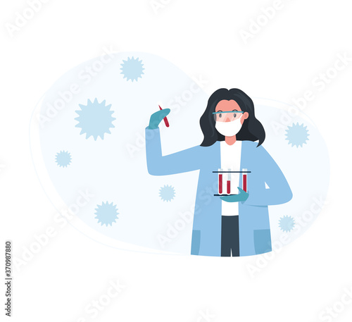 Woman scientist working on creating vaccine. Coronavirus pandemic concept. Laboratory trial. Flat vector illustration.