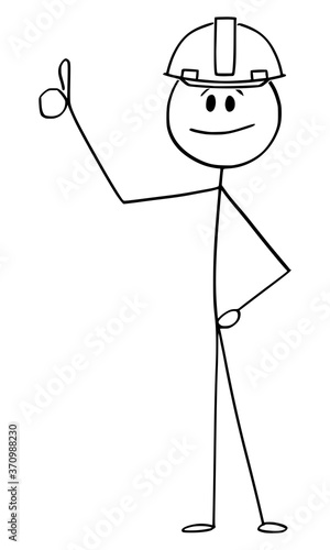 Vector cartoon stick figure drawing conceptual illustration of construction worker, man or businessman in safety helmet showing thumb up gesture.