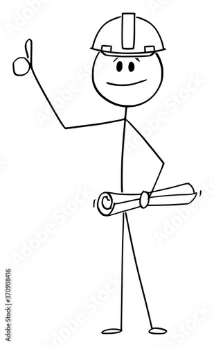 Vector cartoon stick figure drawing conceptual illustration of construction worker, engineer or businessman with plan in safety helmet showing thumb up gesture.