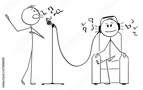 Vector cartoon stick figure drawing conceptual illustration of man with headphone sitting in armchair hearing singer singing for him. Concept of music and enjoyment.