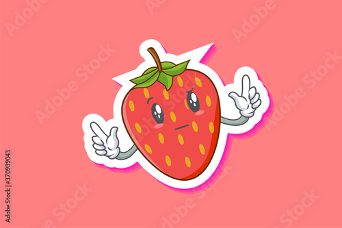 REALLY, ATTENTIVE, Curios Face Emotion. Double Finger Gun Hand Gesture. Red Strawberry Fruit Cartoon Drawing Mascot Illustration.