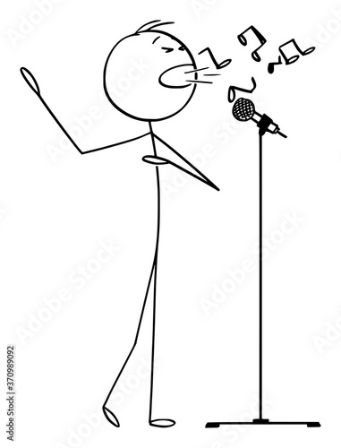 Vector cartoon stick figure drawing conceptual illustration of man or singer singing song on stage to microphone and creating music.