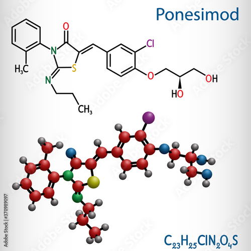 Ponesimod, experimental anti-inflammatory drug molecule. Treatment of multiple sclerosis MS and psoriasis. Structural chemical formula and molecule model