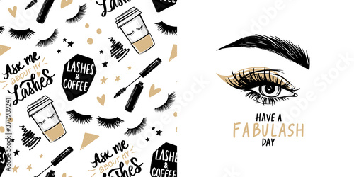 Female eye with long black eyelashes, golden eyeshadow, brows and vector seamless pattern with mascara, coffee cup.