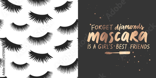 Golden Vector quote about mascara, lashes, makeup and seamless pattern. Fashion set