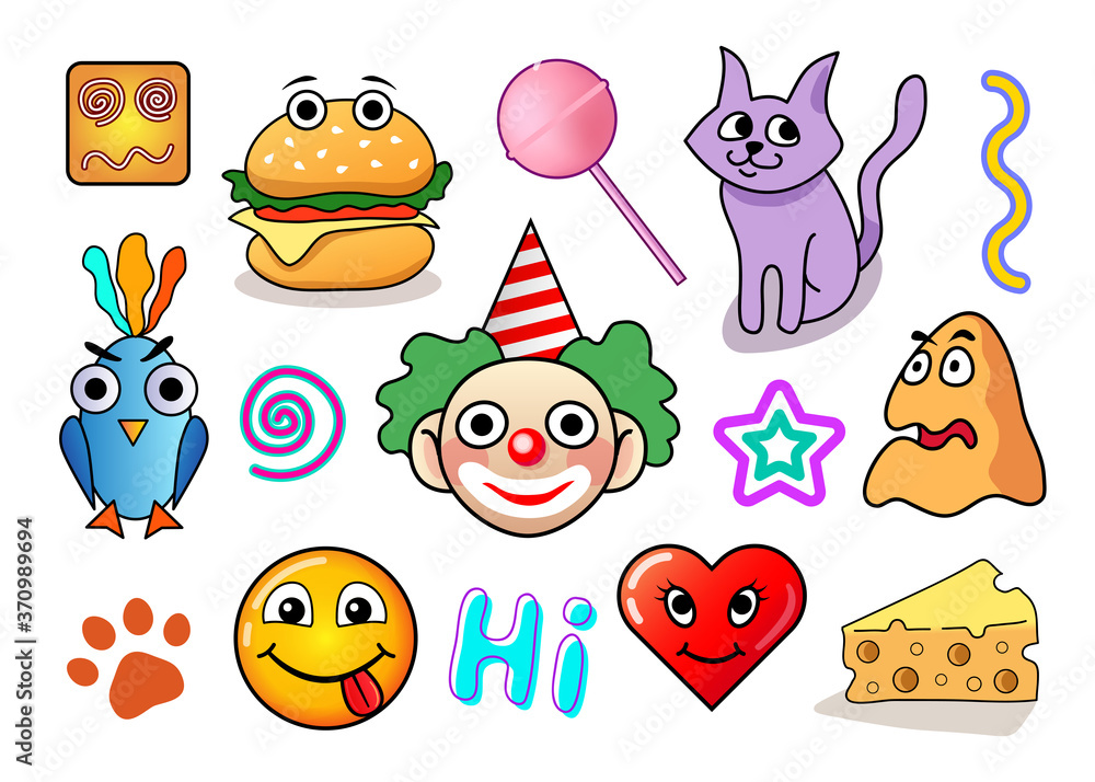 set of funny stickers, collection of colored characters, clown, heart, smiling face, cat, bird for your design and social media isolated on white background set of funny stickers, collection of colored characters, clown, heart, smiling face, cat, bird for your design and social media isolated on white background