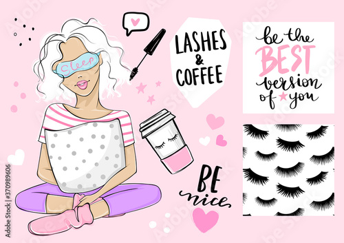 Beautiful girl sitting in pajamas and sleeping mask. Seamless pattern with lashes and quote about mascara, poster with inspirational phrase