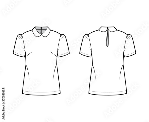 Peter Pan collar blouse technical fashion illustration with short sleeves, relaxed body, button-fastening keyhole at back. Flat apparel top template front, back white color. Women men unisex shirt CAD