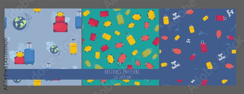 set of Seamless pattern with travelers suitcases. Vector texture for wrapping paper, wallpaper and your creativity. Lettering Time to travel on blue background