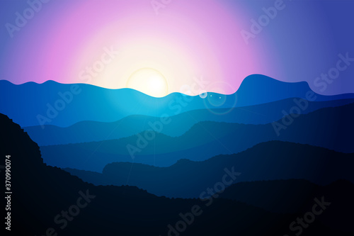 Dawn in the clear sky over the hills. Vector illustration. Landscape