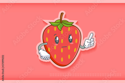 REALLY, ATTENTIVE, Curios Face Emotion. Forefinger Hand Gesture. Red Strawberry Fruit Cartoon Drawing Mascot Illustration.