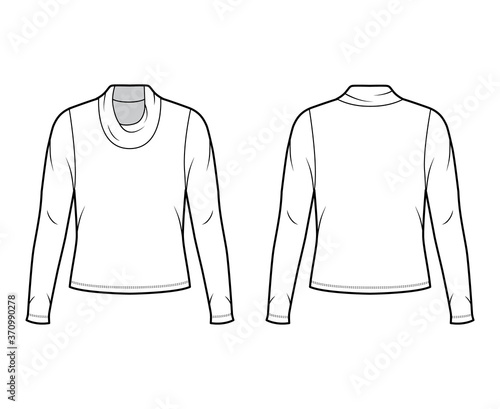 Cowl turtleneck jersey sweater technical fashion illustration with long sleeves, oversized body. Flat outwear apparel template front back white color. Women men unisex shirt top CAD mockup