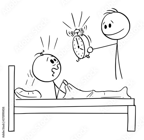 Vector cartoon stick figure drawing conceptual illustration of man wake up to early by another man with alarm clock.