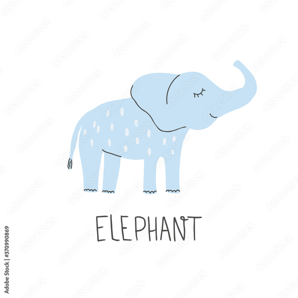 Hand Drawn African elephant. Cute doodle animal card. Scandinavian colorful childish illustration.