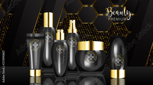 Beauty product ad design, black cosmetic containers with collagen solution advertising background ready to use, luxury skin care banner, illustration vector.