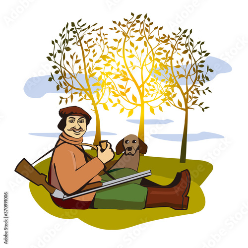 Huntsman and Dog,autumn sun and trees.
Illustration of sitting smilling hunter with dog, pipe and hunting rifle. Vector available.