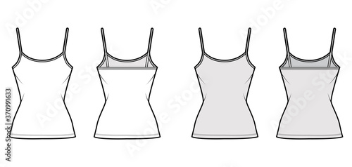 Cotton-jersey camisole technical fashion illustration with scoop neck, fitted body, tunic length. Flat outwear basic tank apparel template front back white grey color. Women men unisex shirt top CAD